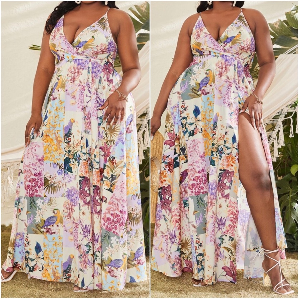Boho Floral Print Criss Cross Back Maxi Wedding Party Dress - Picture 5 of 5